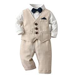 Volunboy Baby Anzug Jungen Anzugweste Hemd mit Fliege für Festlich Hochzeit Bekleidung Set 4tlg（18-24 Monate，Khaki-Plaid，Größe 90） von Volunboy