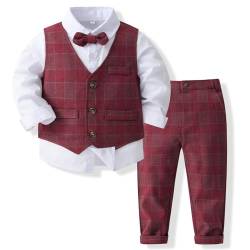 Volunboy Baby Anzug Jungen Anzugweste Hemd mit Fliege für Festlich Hochzeit Bekleidung Set 4tlg(2-3 Jahre,Rot Plaid,Größe 100) von Volunboy