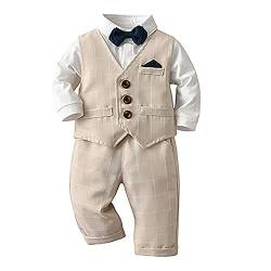 Volunboy Baby Anzug Jungen Anzugweste Hemd mit Fliege für Festlich Hochzeit Bekleidung Set 4tlg（3-4 Jahre，Khaki-Plaid，Größe 110） von Volunboy