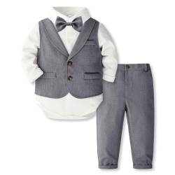 Volunboy Baby Anzug Jungen Anzugweste Hemd mit Fliege für Festlich Hochzeit Bekleidung Set 4tlg(Reines Grau,9-12 Monate,Größe 70) von Volunboy