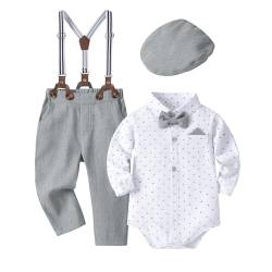 Volunboy Baby Jungen Anzug Set Bekleidung Hemd mit Fliege + Hosenträger Hosen Strampler Anzug（12-18 Monate，Größe 80，Graue Punkte） von Volunboy