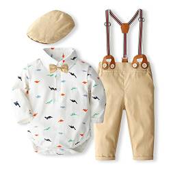 Volunboy Baby Jungen Anzug Set Bekleidung Hemd mit Fliege + Hosenträger Hosen Strampler Anzug(12-18 Monate,Weißer Dinosaurier,Größe 80) von Volunboy