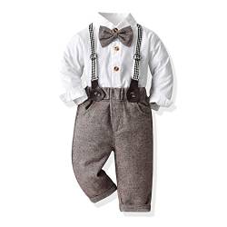 Volunboy Baby Jungen Anzug Set Bekleidung Hemd mit Fliege + Hosenträger Hosen Strampler Anzug(18-24 Monate,Weiß-Khaki,Größe 90) von Volunboy