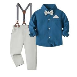 Volunboy Baby Jungen Anzug Set Bekleidung Hemd mit Fliege + Hosenträger Hosen Strampler Anzug(5-6 Jahre,Größe 130,Blue Grau) von Volunboy