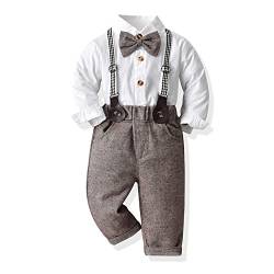 Volunboy Baby Jungen Anzug Set Bekleidung Hemd mit Fliege + Hosenträger Hosen Strampler Anzug(5-6 Jahre,Weiß-Khaki,Größe 130) von Volunboy