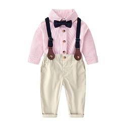 Volunboy Baby Jungen Anzug Set Bekleidung Hemd mit Fliege + Hosenträger Hosen Strampler Anzug(Größe 130,5-6 Jahre,Rosa Streifen) von Volunboy