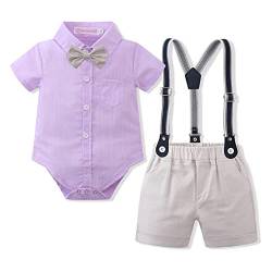 Volunboy Baby Jungen Anzug Set Bekleidung Hemd mit Fliege + Hosenträger Shorts Strampler Anzug(12-18 Monate,Lila,Größe 80) von Volunboy