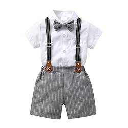 Volunboy Baby Jungen Anzug Set Bekleidung Hemd mit Fliege + Hosenträger Shorts Strampler Anzug(12-18 Monate,WeißGrau,Größe 80) von Volunboy