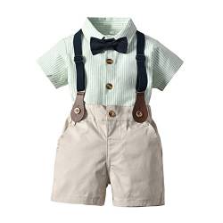 Volunboy Baby Jungen Anzug Set Bekleidung Hemd mit Fliege + Hosenträger Shorts Strampler Anzug(18-24 Monate,Grüner Streifen,Größe 90) von Volunboy