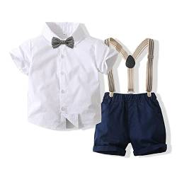 Volunboy Baby Jungen Anzug Set Bekleidung Hemd mit Fliege + Hosenträger Shorts Strampler Anzug(18-24 Monate,WeißBlau,Größe 100) von Volunboy
