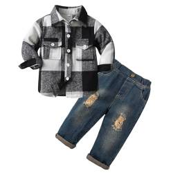 Volunboy Bekleidungssets für Baby Jungen, Langarm Flanell Hemd Kariert + Blau Jeans 2PCS Kleidung Outfit(Schwarz Weiß,4-5 Jahre,Größe 120) von Volunboy