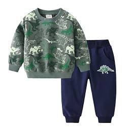 Volunboy Kleinkind Junge Dinosaurier Sweatshirt, Langarmshirt und Hosen 2tlg kleidung Set für 2-6 Jahre(Grün-2,5-6 Jahre,Größe 130) von Volunboy