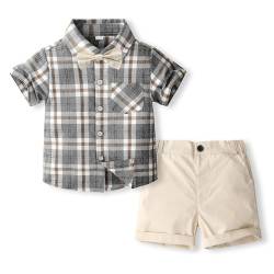 Volunboy Kleinkind Junge Kurzarm Plaid Hemd mit Fliege & Kurze Hosen Set, Sommer Baumwolle Hemden Shorts Bekleidung Outfit(Blau Grau,2-3 Jahre,Größe 100) von Volunboy