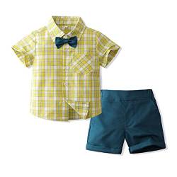 Volunboy Kleinkind Junge Kurzarm Plaid Hemd mit Fliege & Kurze Hosen Set, Sommer Baumwolle Hemden Shorts Bekleidung Outfit(Gelb,4-5 Jahre,Größe 120) von Volunboy