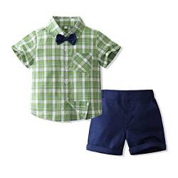 Volunboy Kleinkind Junge Kurzarm Plaid Hemd mit Fliege & Kurze Hosen Set, Sommer Baumwolle Hemden Shorts Bekleidung Outfit(Grün,18-24 Monate,Größe 90) von Volunboy