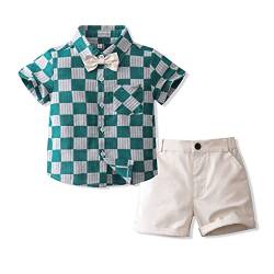 Volunboy Kleinkind Junge Kurzarm Plaid Hemd mit Fliege & Kurze Hosen Set, Sommer Baumwolle Hemden Shorts Bekleidung Outfit(TiefGrün,2-3 Jahre,Größe 100) von Volunboy