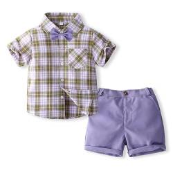 Volunboy Kleinkind Junge Kurzarm Plaid Hemd mit Fliege & Kurze Hosen Set, Sommer Baumwolle Hemden Shorts Bekleidung Outfit(Violett,18-24 Monate,Größe 90) von Volunboy