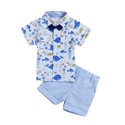 Volunboy Kleinkind Kurzarm Hemd + Kurze Hosen Set, Sommer Floral Button T-Shirt Shorts Outfit(18-24 Monate,Blau Fisch,Größe 90) von Volunboy