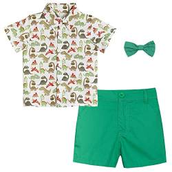 Volunboy Kleinkind Kurzarm Hemd + Kurze Hosen Set, Sommer Floral Button T-Shirt Shorts Outfit(18-24 Monate,Grüner Dino,Größe 90) von Volunboy