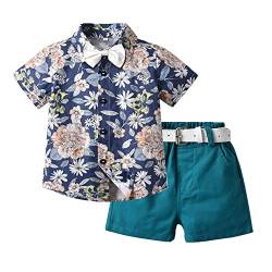 Volunboy Kleinkind Kurzarm Hemd + Kurze Hosen Set, Sommer Floral Button T-Shirt Shorts Outfit(2-3 Jahre,Blaue Blume,Größe 100) von Volunboy