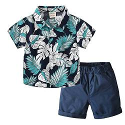 Volunboy Kleinkind Kurzarm Hemd + Kurze Hosen Set, Sommer Floral Button T-Shirt Shorts Outfit(3-4 Jahre,Schwarze Blätter,Größe 110) von Volunboy