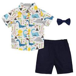 Volunboy Kleinkind Kurzarm Hemd + Kurze Hosen Set, Sommer Floral Button T-Shirt Shorts Outfit(3-4 Jahre,Weißer Dino,Größe 110) von Volunboy