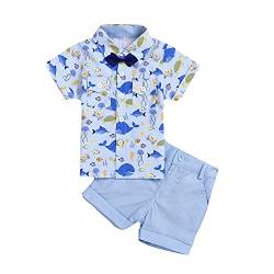 Volunboy Kleinkind Kurzarm Hemd + Kurze Hosen Set, Sommer Floral Button T-Shirt Shorts Outfit(4-5 Jahre,Blau Fisch,Größe 120) von Volunboy