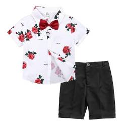 Volunboy Kleinkind Kurzarm Hemd + Kurze Hosen Set, Sommer Floral Button T-Shirt Shorts Outfit(5-6 Jahre,Rote Rose,Größe 130) von Volunboy