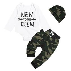 Volunboy Neugeborenes Baby Junge Kleidung Set, Fliege Langarm Strampler + Hut + Hose 3 tlg Bekleidungsset(Größe 73,6-12 Monate,Weiß Camouflage) von Volunboy