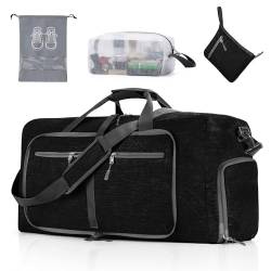 Vomgomfom 65L Faltbare Reisetasche, Große Sporttasche mit Extra Kulturbeutel und Schuhtasche, Unisex, Schwarz von Vomgomfom