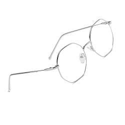 Voolga Klassische Retro Blaulichtfilter Brille, Polygon Brille Ohne Stärke Damen und Herren, Mode Fake Brille für Anti Blaulicht von Computer mit Metall Brille Beine (Silver) von Voolga