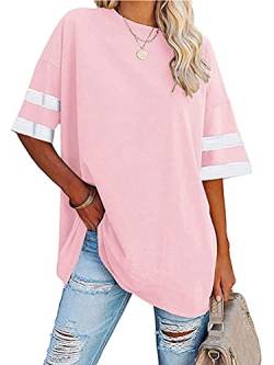 Voopptaw Damen Sommer Casual V Ausschnitt Gestreift Halbarm T Shirt Damen Bequem Oversized Baseball T-Shirts Tunika Tops, #2 Pink, Small von Voopptaw