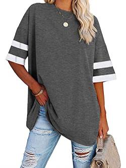 Voopptaw Damen Sommer Casual V-Ausschnitt Gestreift Halbarm T-Shirt Damen Bequem Oversized Baseball T-Shirts Tunika Tops, dunkelgrau, X-Large von Voopptaw