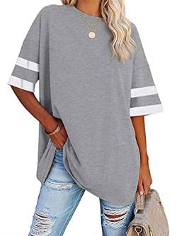 Voopptaw Damen Sommer Casual V-Ausschnitt Gestreift Halbarm T-Shirt Damen Bequem Oversized Baseball T-Shirts Tunika Tops, grau, M von Voopptaw