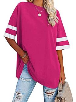 Voopptaw Damen Sommer Casual V-Ausschnitt Gestreift Halbarm T-Shirt Damen Bequem Oversized Baseball T-Shirts Tunika Tops, hot pink, X-Large von Voopptaw