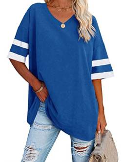 Voopptaw Damen Sommer Casual V-Ausschnitt Gestreift Halbarm T-Shirt Damen Bequem Oversized Baseball T-Shirts Tunika Tops, navy, XXL von Voopptaw