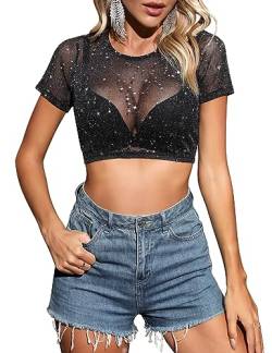 Voqeen Damen Mesh Oberteil Damen Sexy Netz Langarm Shirt Transparent Glitzer Top Crop Netzoberteil Damen Bluse Casual Party Schwarz Tops von Voqeen