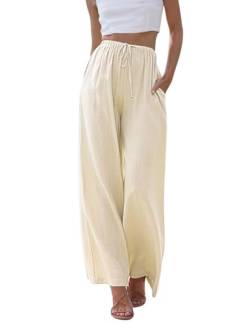 Voqeen Damen Sommer Leinenhose Casual Baumwolle Leinen Stoffhose Einfarbig Freizeithose High Waist Flowy weites Bein Strand Hose mit Taschen von Voqeen