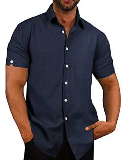 Voqeen Herren Hemd Baumwolle Freizeithemd Kurzarm Sommerhemd Regular Fit Casual Shirt, Marineblau, XXL von Voqeen