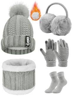 Voqeen Wintermütze Mütze Schal Handschuhe Set Damen Fleecefutter Strickmütze mit Pompon Touchscreen Handschuhe Weiche Wärmer Winter Ohrenschützer Socken Geschenke 5 Sets für Frauen (Grau) von Voqeen