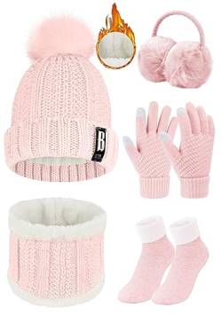 Voqeen Wintermütze Mütze Schal Handschuhe Set Damen Fleecefutter Strickmütze mit Pompon Touchscreen Handschuhe Weiche Wärmer Winter Ohrenschützer Socken Geschenke 5 Sets für Frauen von Voqeen