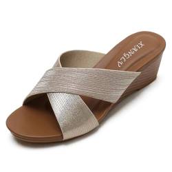 Vorgelen Sandalen Damen Sommer Elegant Sandaletten Casual Keilsandalen Cross Strap Pantoletten Peeptoe Wedge Hausschuhe Gold 37 EU = 38 CN von Vorgelen