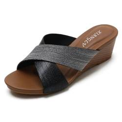 Vorgelen Sandalen Damen Sommer Elegant Sandaletten Casual Keilsandalen Cross Strap Pantoletten Peeptoe Wedge Hausschuhe Schwarz 40 EU = 41 CN von Vorgelen