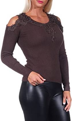 Voyelles Damen Langarmshirt Pullover Cut-Out Häkel-Spitze Feinripp Bodycon Stretch, Kurz Sepiabraun, 34-38 von Voyelles