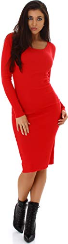 Voyelles Damen Midi Strick Kleid Pulloverkleid Knielang Etui Stretch Langarm, Hellrot 36-38 von Voyelles