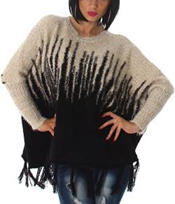 Voyelles Damen Poncho Ponchopullover Fransen kuschelig weich warm flauschig Ärmel Hairy Glitzer-Fäden Feinstrick Glanz Fledermaus-Ärmel, Schwarz Beige 36 38 40 von Voyelles