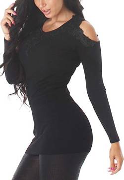 Voyelles Damen Pullover Strickkleid Longpulli Häkel Spitze Cut Out Kalte Schulter V-Ausschnitt gerippt, Schwarz 34 36 38 von Voyelles