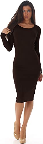 Voyelles Jela London Damen Midi Strickkleid Pulloverkleid Knielang Longpulli Etuikleid Stretch Feinstrick Langarm einfarbig Slim, Dunkel-Braun, Dunkelbraun, 36-38 von Voyelles