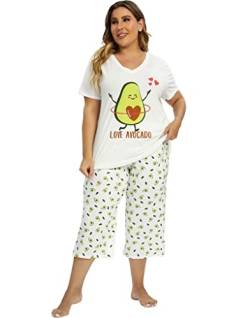 Vozanet Damen Pyjama Set Weiche V-Ausschnitt Nachtwäsche Top und Capri Pj Lounge Sets Cartoon Herzform Katze Nighty Plus Size, Avocado, L von Vozanet