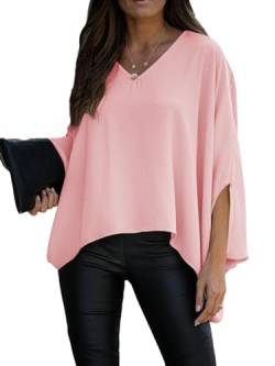 Vrtige Damen Casual V-Ausschnitt Batwing Langarm Bluse Shirt Tunika Top, rosa - dusty pink, X-Groß von Vrtige